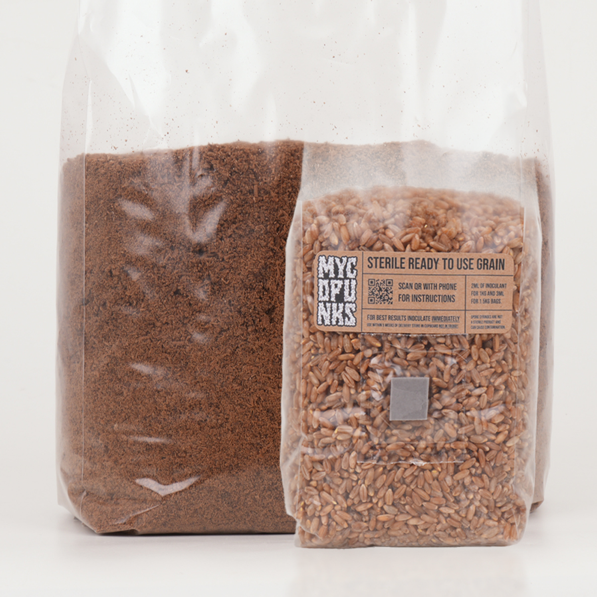 1kg Sterile Rye Grain + 4kg Supplemented Hardwood Substrate Bundle in bags on a white background