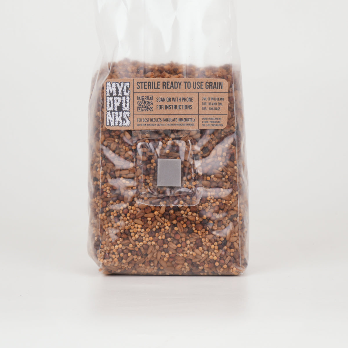 Sterile Triple Mix grain for growing mushrooms on a white background