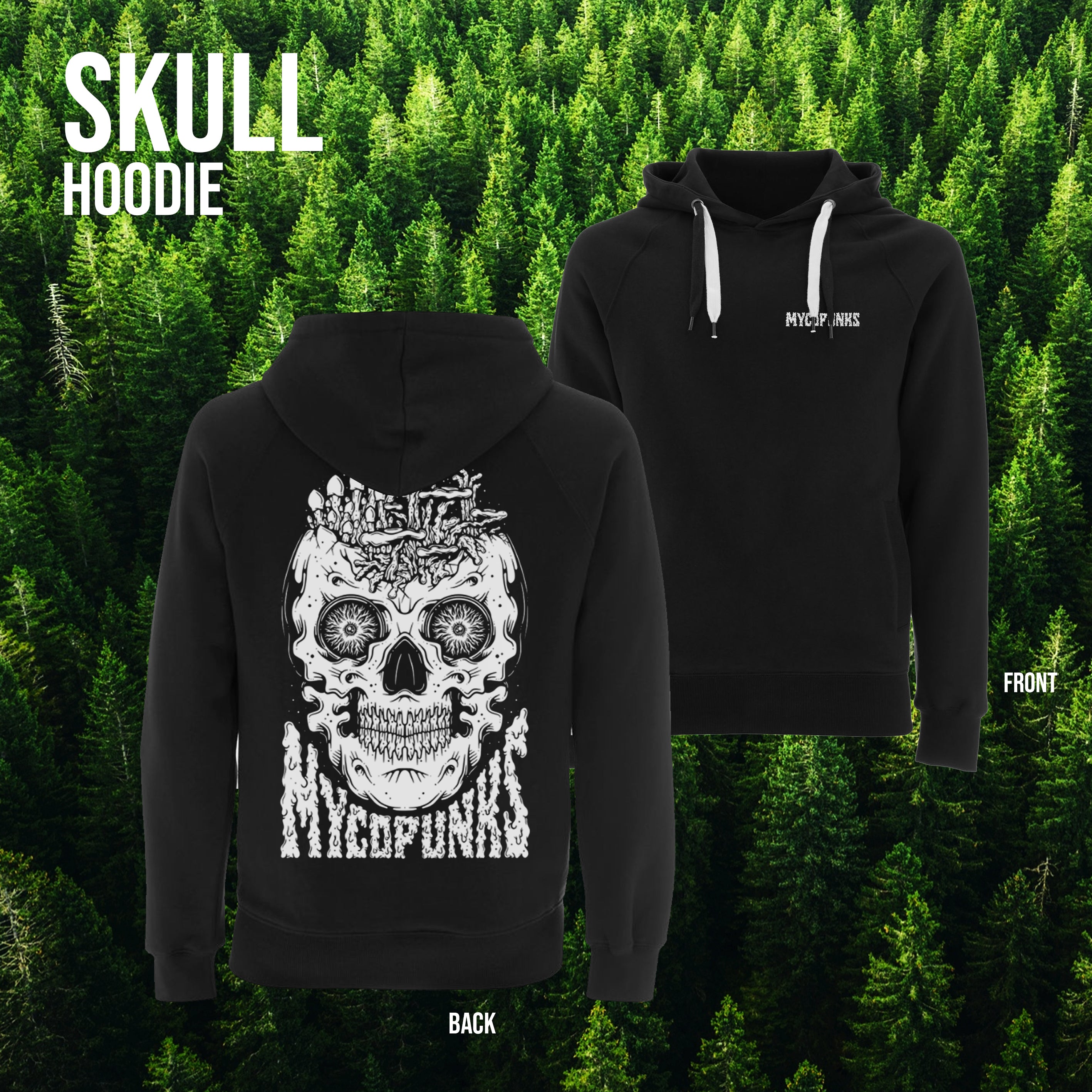MycoPunks Bio-Hoodie mit Totenkopf-Logo