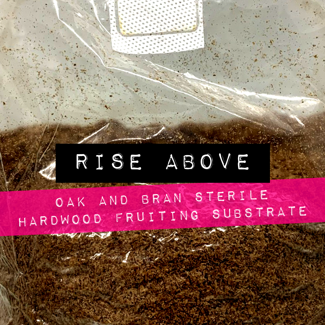 A close up image of MycoPunks "Rise Above" substrate, with the text "RISE ABOVE","OAK AND BRAN STERILE HARDWOOD FRUITING SUBSTRATE"